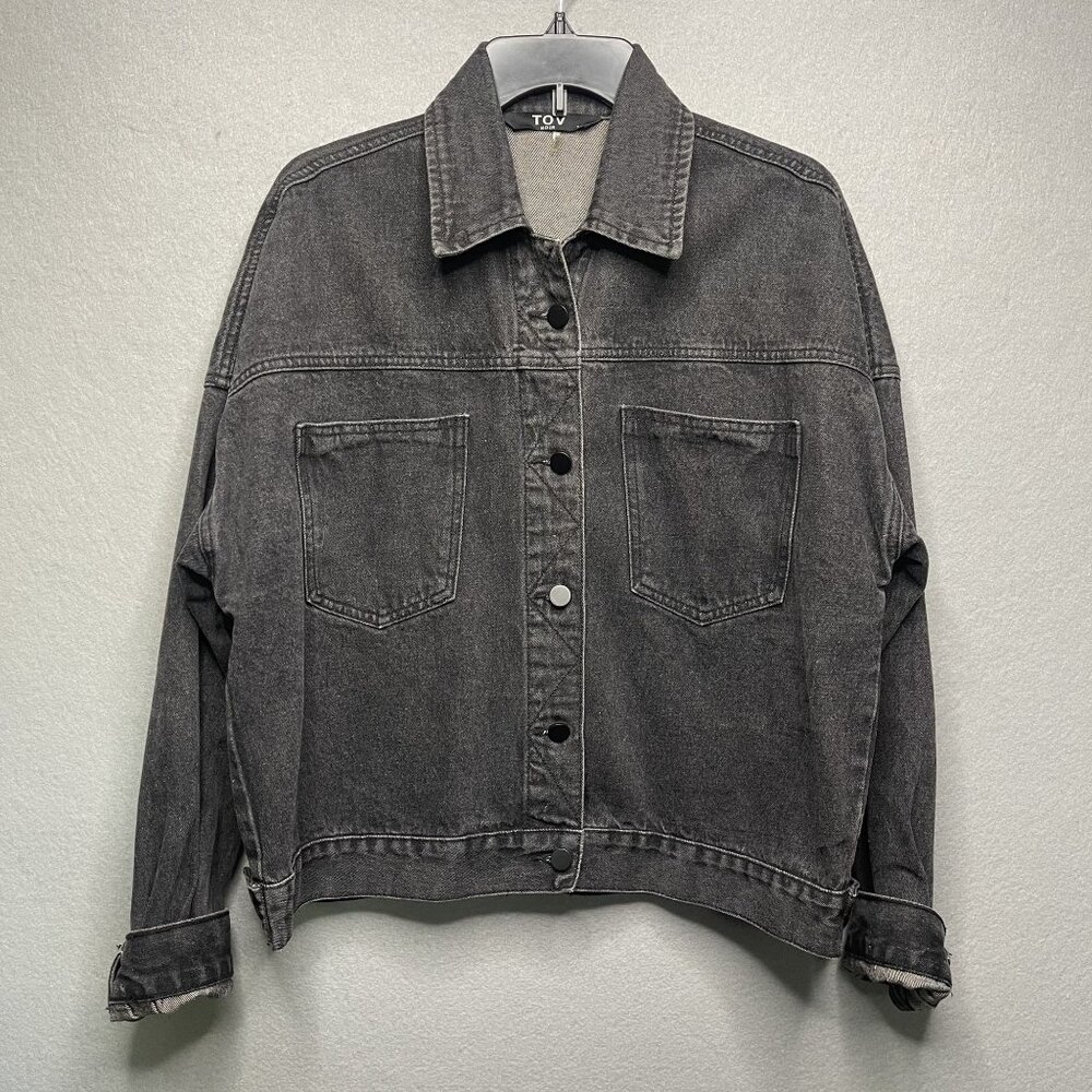 Tov Noir Womens Fringe Back Gray Denim Jacket Size 38 Button-Front